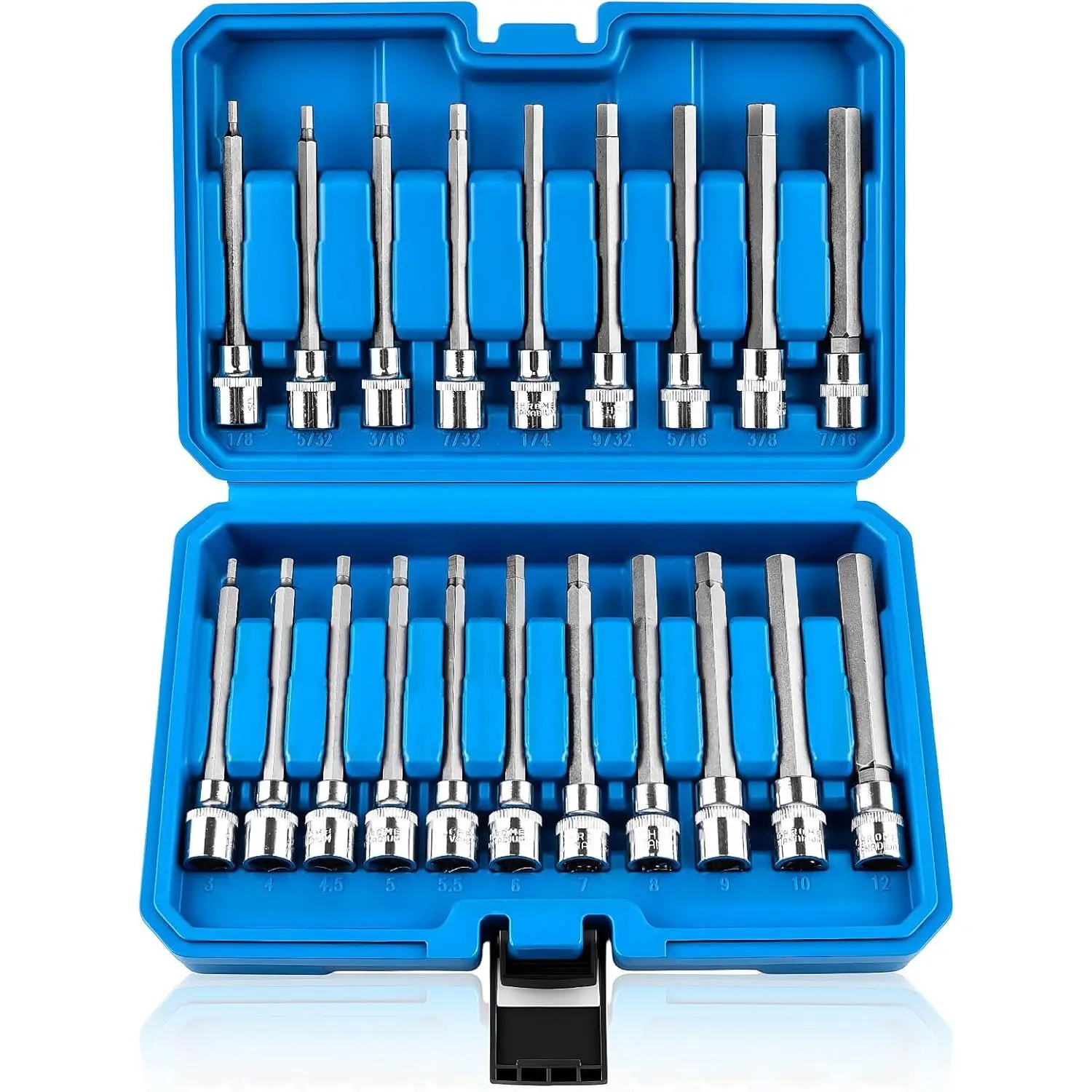 20-Count Extra-Long Allen Hex Bit Socket Set, 3/8-Inch Drive, SAE (1/8"-7/16") & Metric (3-12mm) Sizes, Cr-V & S2 Steel, Ideal for DIY Projects, Engineering Tasks