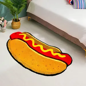 Funny Food Style Hot Dog Outline Bread Sausage Carpet Mat, Modern Cartoon Trendy Street Art Design, Washable Easy Clean Plush Rug