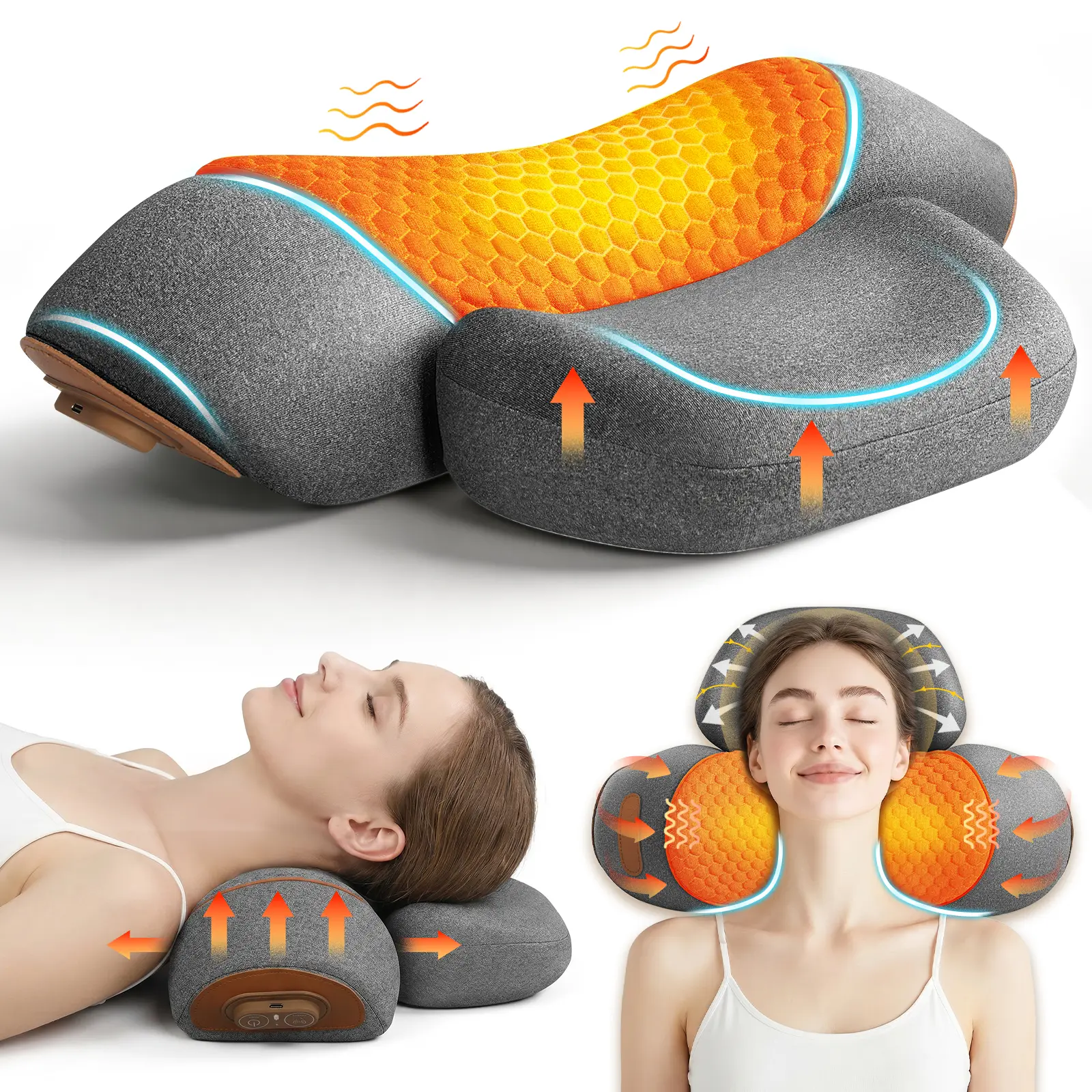 High-Density Memory Foam Neck Massager Pillow with 3-in-1 Heat-Vibra Mode, Contoured Ergonomic Design for Pain Relief, Deep Tissue Therapy & Neck Hump Correction, Auto-Shutoff Traction Massager for Home/Office/Therapy Focus