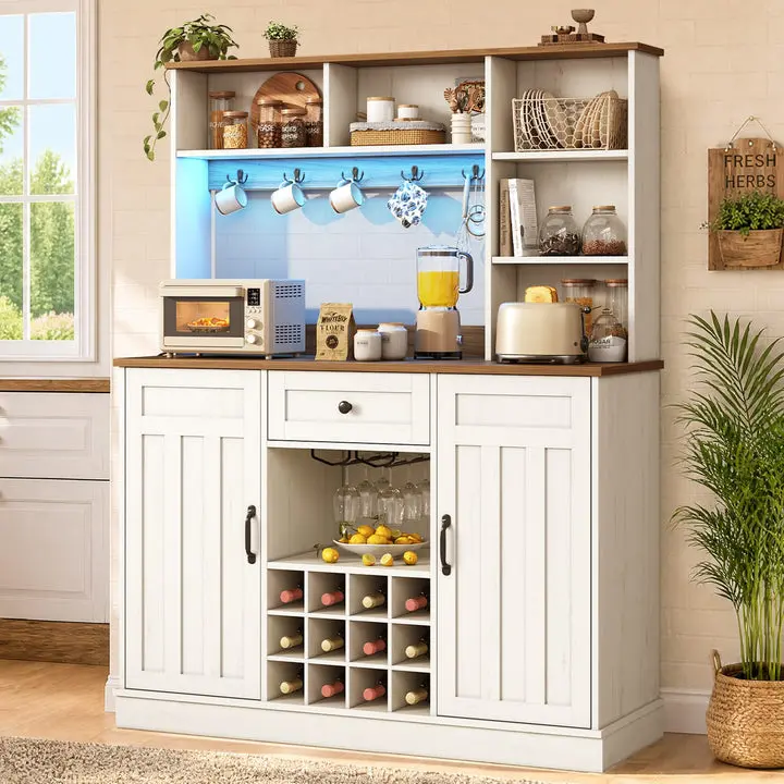 Sikaic 44" Wide Coffee Bar Cabinet with Power Outlet & LED Lights, Large Farmhouse Coffee Station with Storage Space for Kitchen and Living Room, White
