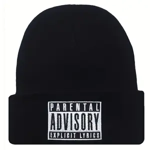[Warm Beanie] Lightweight Warm Black Beanie |   Women's Stretchy Acrylic Elastic Fit Winter Hat with Bold White Parental Advisory Explicit Lyrics Design - for Parties & Holidays