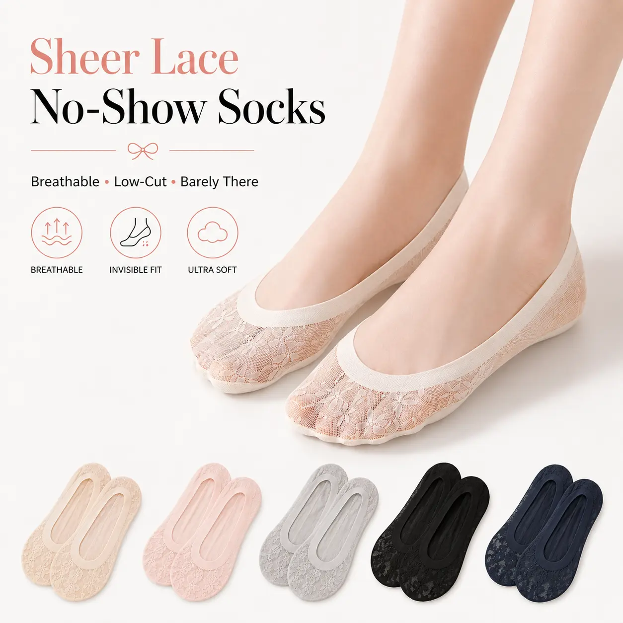 Women's Elegant Lace Detail Black Sheer Ballet Ankle Socks - Comfortable, Breathable, Lightweight, Non-Slip, Durable, All-Seasons - 5 Pairs Skin Color, 1 Size Fits, for Flats, Ballet Shoes