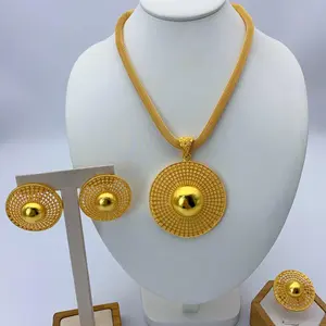Luxury Nigerian Necklace And Earrings Jewelry Sets For Women Dubai Bridal 24k Gold Color Round Pendant Set Wedding Party Gifts