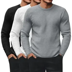 3 Pack Men's Waffle Long Sleeve Shirts, Crew Neck Thermal Underwear Tops Casual Pullover Sweaters Knit Undershirts Menswear Crewneck PlainGift