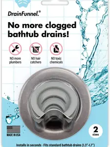 DrainFunnel Bathtub Drain Funnel for Hair Clog Prevention, 2 Size Pack 1.3"-1.7" Tub Drains (Gray) Installation Disposable