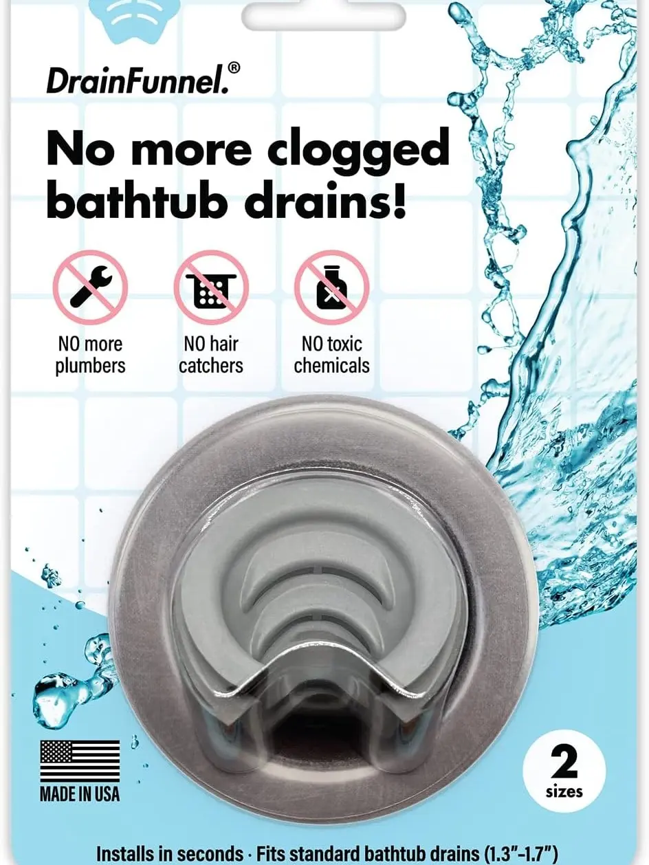 DrainFunnel Bathtub Drain Funnel for Hair Clog Prevention, 2 Size Pack 1.3"-1.7" Tub Drains (Gray) Installation Disposable