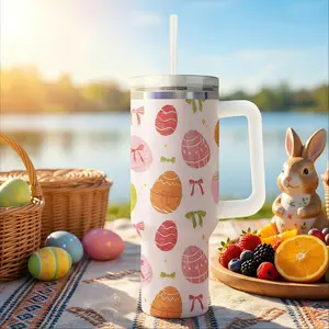 Easter Eggs 40oz Tumbler Cup with Handle and Straw, Colorful Flower Egg Gifts for Women Girls, Cute Spring Holiday Stainless Steel Water Bottle