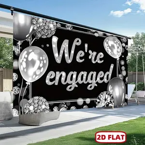 1pc Elegant "We Are Engaged" Balloon & Sparkly Sequin Throws with Sparkling Gem Background Fabric, 2D Flat Party Decoration Textile Ornaments, Suitable for Engagement, Wedding, Outdoor Photography Backdrops