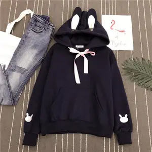 Korean Loose Hooded Bunny Jacket Sweater - Sweet Style, Polyester Fiber, Available in White Pink Black, Sizes M L XL XXL - Womenswear, Fabric