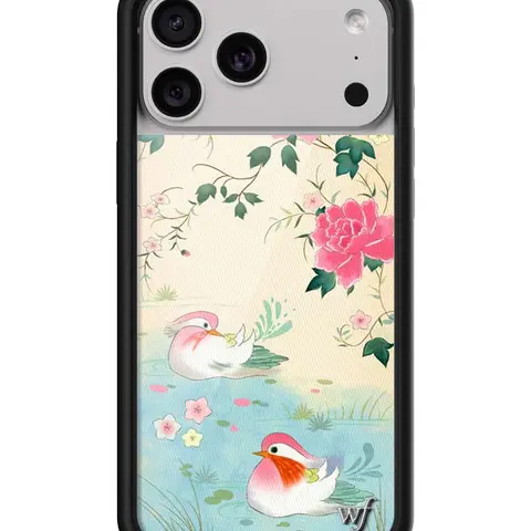 Lovers Lagoon | Limited Edition Trendy Collab iPhone Case | Raised Protective Black Bumper | Women Owned Small Business | White Background Blue Pond Pink Birds and Roses | Safety Casing Protective | Gift for Her Smartphone Rubber, Custom, Handheld