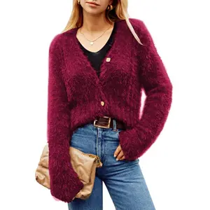 Grace Karin Strickjacke Damen Kurz V-Ausschnitt Langarm Cardigan Knopfleiste Weich Gemütlich Herbst Winter Strickpullover Elegant Casual Schulterjacke Top