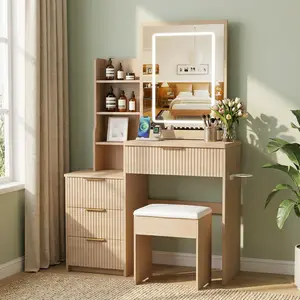 Vanity Desk With HD Lighted Mirror and Lights, Fluted Small Makeup Vanity with Storage Drawers & Shelves, Modern Dressing Table Set with Power Outlet & Hair Dryer Holder for Women Girls Bedroom, Oak