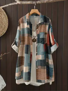 Elegant Plaid Patchwork Long Sleeve Shirt Blouse Top for Women, Casual Tops, Loose-Fitting Casual Style, New Arrival, All Seasons Wear, Trendy Graphic Design