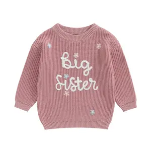 Infant Todd Baby Girls Casual Sweater Big Sister Letter Flower Embroidery Long Sleeve Knitwear Round Neck Fall Winter Pullover