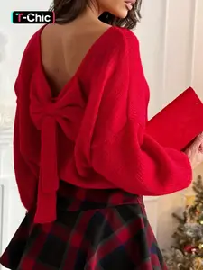 Hotapei Winter Christmas Holiday Bow Backless Puffed Bubble Long Sleeve Fitted Knitwear Sweater, Festive Casual Style, Perfect for Cold Weather, Stylish & Cozy Design, Womenswear
