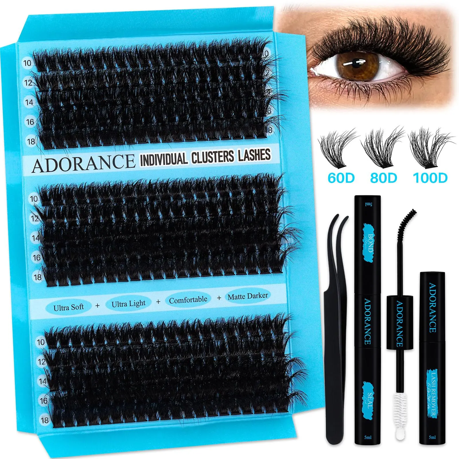 ADORANCE 60D+80D+100D 300PCS D Curl 3D Effect Lash Volume Lashes Clusters 10-18mm Mixed Lengths Individual Lashes Clusters Kit With BOND&SEAL And Lash Remover And Tweezers For DIY At Home&Dates&Party&Travel Eyelash Set