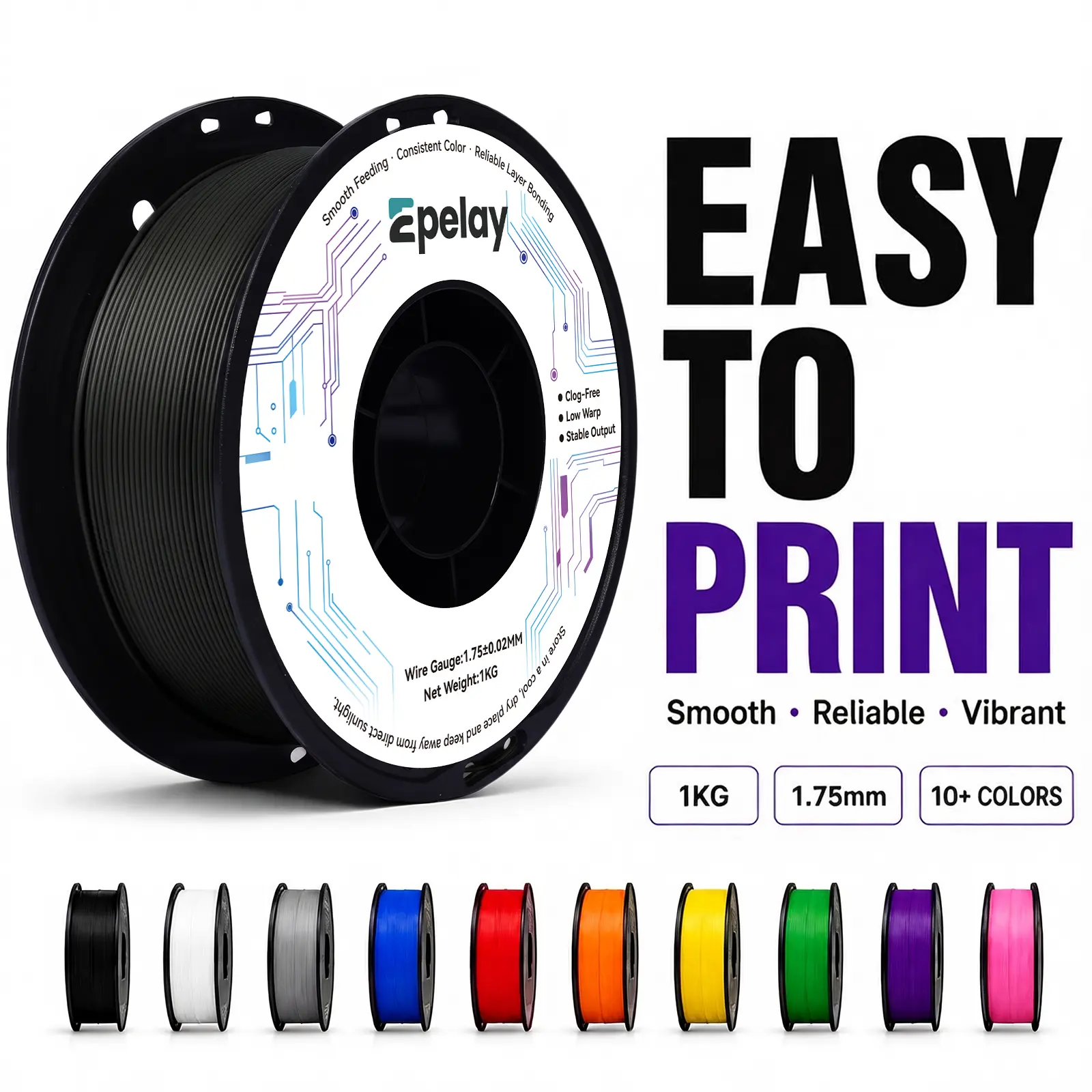 Epelay PLA+ 3D Printer Filament, 1.75mm Diameter, 0.02mm High Precision, Odor-Free, Smooth Feed, Anti-Clog, Eco-Friendly FDM Consumables, Compatible with Most FDM Printers, High-Speed Printing Summervibes Bundle, Diy Projects, Artistic Creations