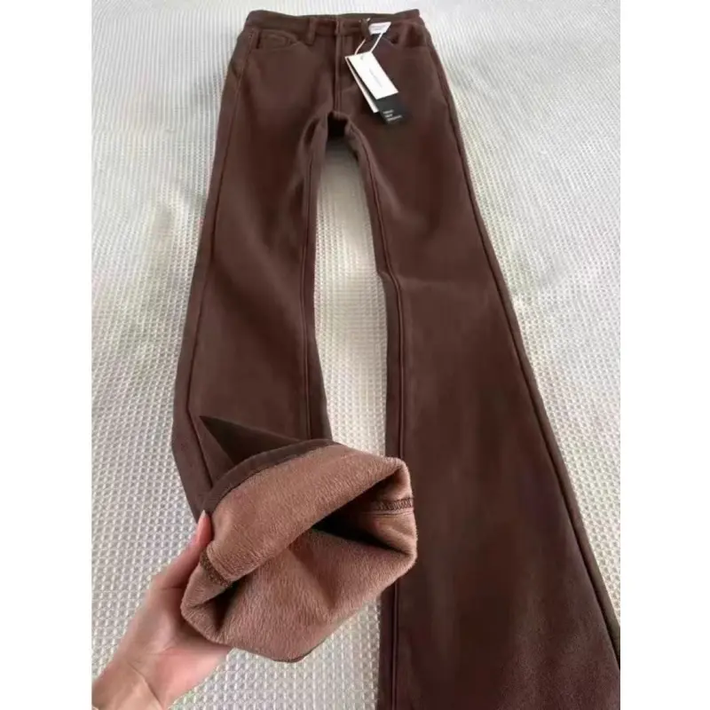 Coffee Color Denim Bottoms for Women, Warm Fleece-Lined High-Waist Jeans, Full-Length Loose Fit Straight Leg, Coffee Color [Fleece Lined], 3Xl, Multi-Size