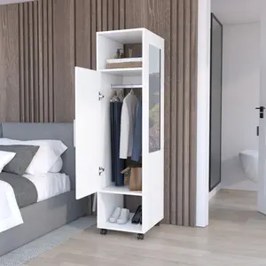 Cluster 63" Tall Wardrove One-Door Cabinet with Mirror Three Shelves Casters and Hanging Rod Armoire Bedroom Clothes Storage Cabinet Organizer