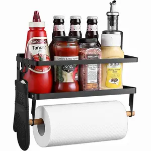 Magnetic Spice Rack for Refrigerator, 3-Tier Organizer with Paper Towel Holder & Movable Hooks, Space-Saving No-Drill Storage for Kitchen & Apartment