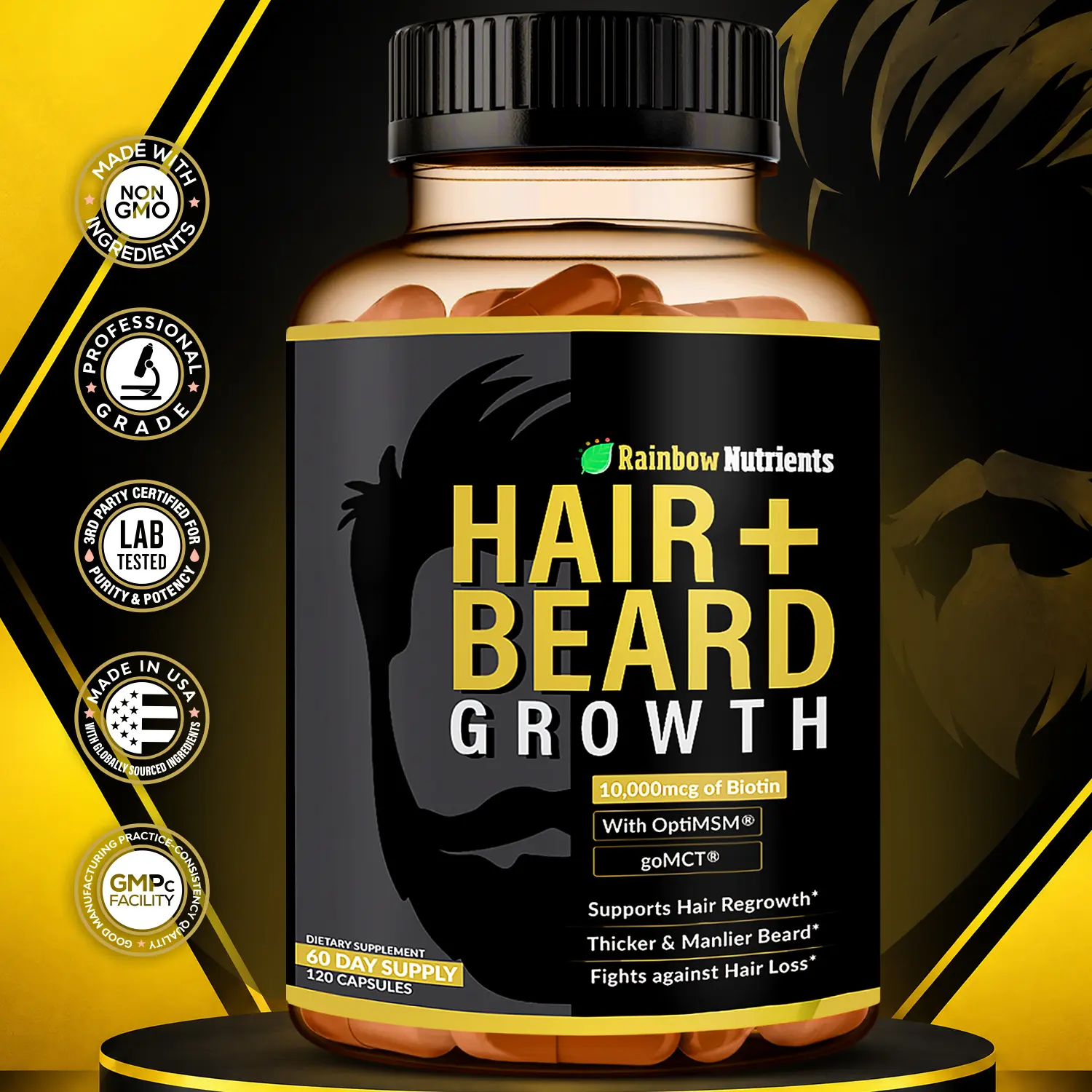 Rainbow Nutrients Men's Hair + Beard Growth Supplement | Biotin 10,000mcg, Collagen, OptiMSM, goMCT, Saw Palmetto | Supports Thicker, Fuller Hair & Beard | 60-Day Supply Anti-Hair Loss supplement All Natural Ingredients