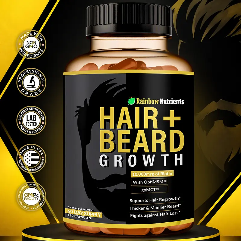 Rainbow Nutrients Men's Hair + Beard Growth Supplement | Biotin 10,000mcg, Collagen, OptiMSM, goMCT, Saw Palmetto | Supports Thicker, Fuller Hair & Beard | 60-Day Supply Anti-Hair Loss supplement All Natural Ingredients