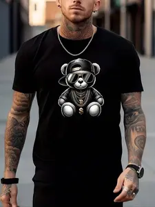 Men's Regular Fit Cartoon Bear Print Round Neck Tee, Street Fashion Casual Short Sleeve T-shirt for Daily Outdoor Wear, Mens Clothes for Summer, Casual Streetwear Top