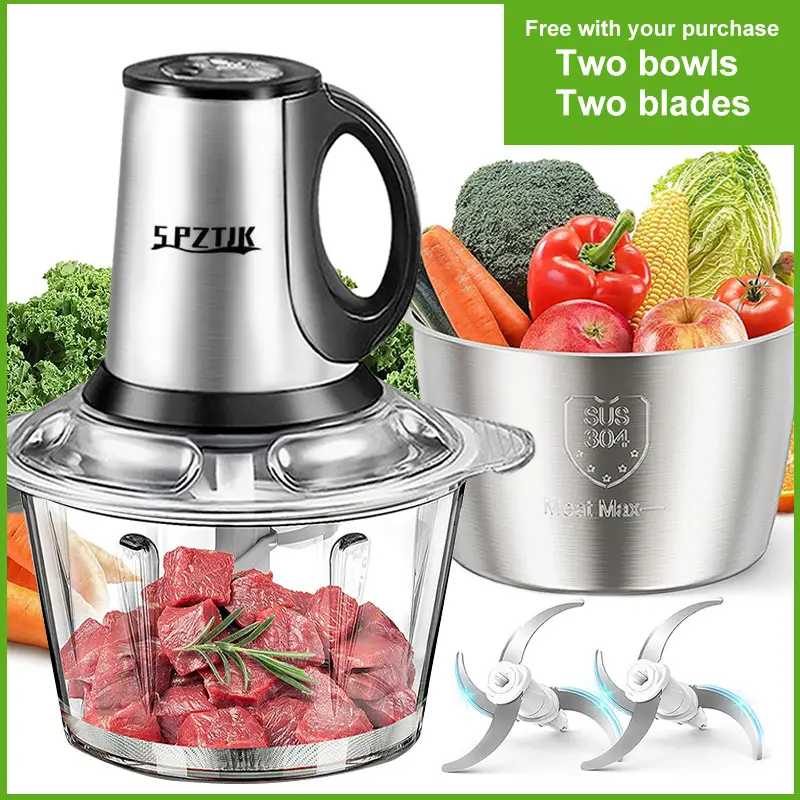 Meat Grinder Electric, Food Processor 3L Stainless Steel Meat Blender Food Chopper for Meat, Vegetables, Fruits and Nuts With 2 Bowls For Home And Kit