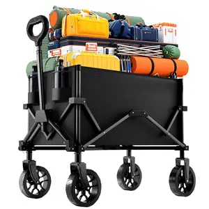 Heavy Duty All-Terrain Folding Wagon - 600LB Capacity (580LBS), Collapsible Utility Cart with Drink Holders for Beach, Camping, RV & Fishing