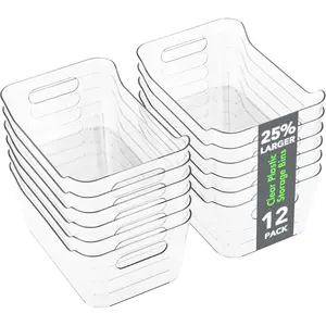 12 Pack Plastic Storage Bins, Organizer Bins, Pantry Organizer, Clear Storage Containers for Home, Kitchen, Office, Cabinet, Shelf and Fridge Organization