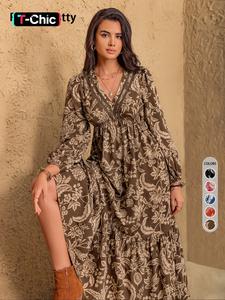 women's floral print contrast lace ruffle hem dress, elegant bishop sleeve v neck a line dress for vacation holiday, women's clothes for fall & winter