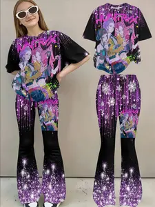 Cyber Girl Anime Print Set Glitter Rain Y2K Short Sleeve T-Shirt + Wide Leg Long Pants Two-Piece