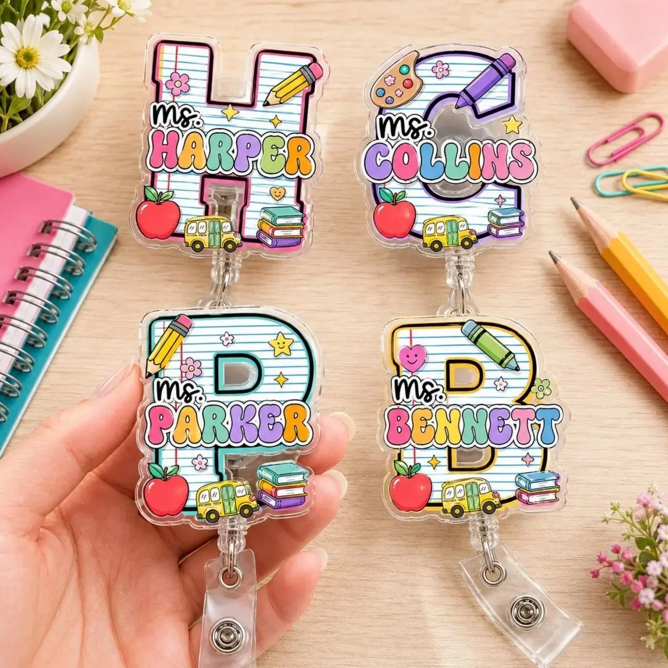 Personalized Teacher Acrylic Badge Reel With Name and Initial, Custom School ID Holder, Colorful Classroom Badge Clip