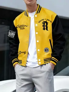 Men's Sportswear Baseball Jacket Letter R Pattern Fashion Print All Season Wear, Casual Style Button Closure Comfortable Fabric