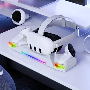VR Charging Dock PG-QT04 for Quest 3S/Quest 3/Quest 2 VR Headset&Controllers with RGB LED Light, VR Accessories with 2 Batteries
