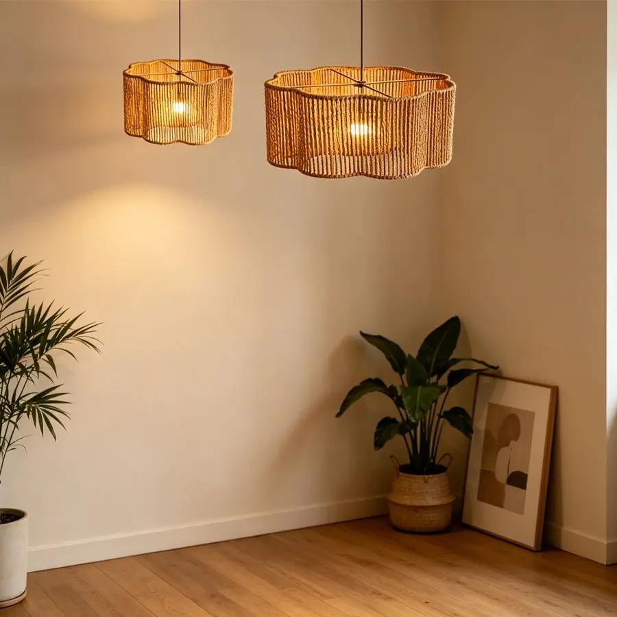 Bohemian Style Woven Lampshade, Handmade Natural Hemp Rope Flower Design, Cozy Lighting Bedroom Living Room Decor, Wabi-Kusa Home Lighting Fixture
