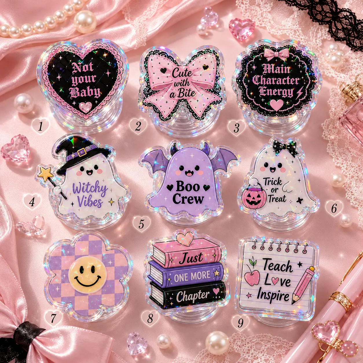 Halloween Coquette Phone Grip Holographic Ghost Witch Bat Cute Witchy Vibes Boo Crew Trick Treat Holder Stand Most Phones Gift