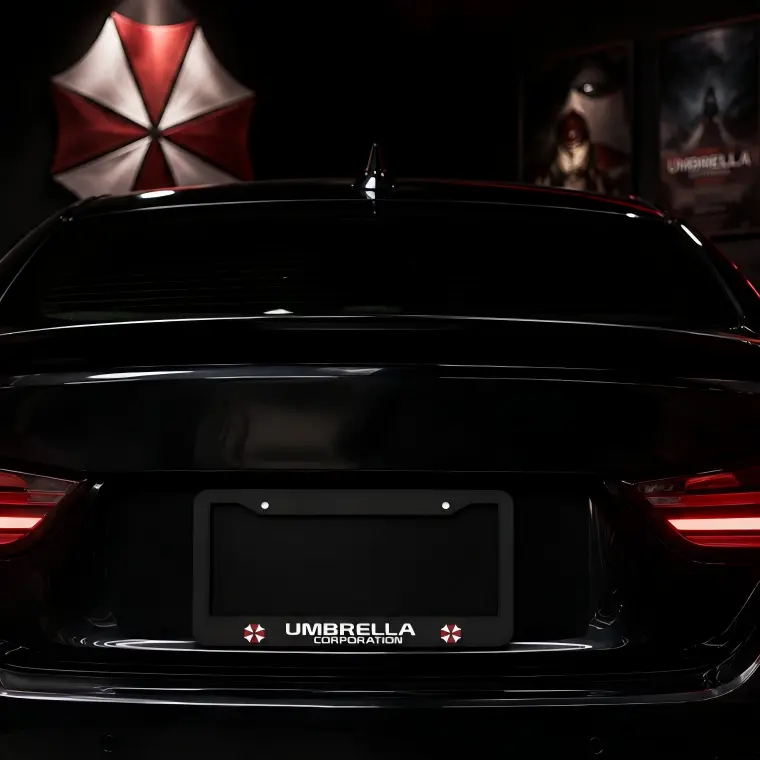 2D Flat Umbrella Corporation Stainless Steel License Plate Frame - Car Exterior Number Plate Holder with Logo Display, Horror Theme Game Car Accessory for Gamer Fans, License Plate Frames,Back-to-School Gifts,Halloween Gifts