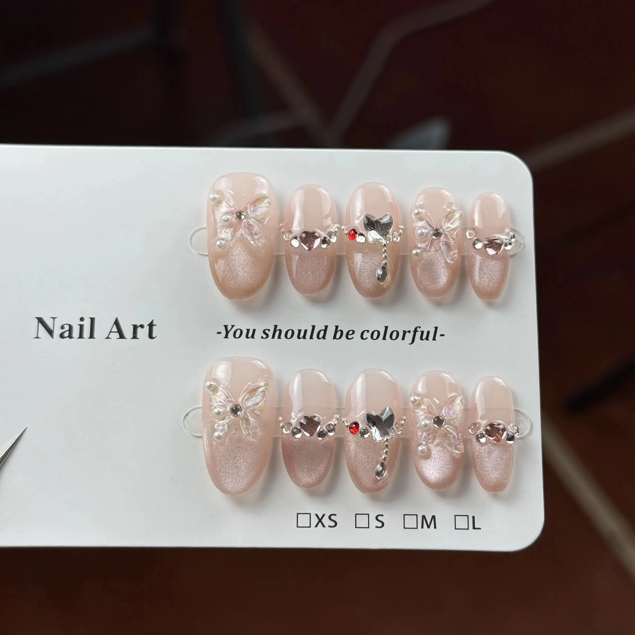10pcs high-end Gentle and pure, hand-painted three-dimensional butterflies, hearts, sparkling ice-transparent gradient cat eyes handmade fake nails Single Item