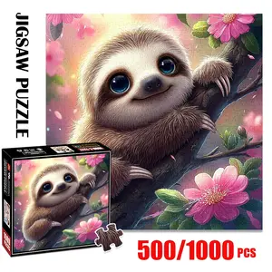 1pc 1000 piece adult puzzle 58x58cm Adorable Sloth Hugging Tree Branch with Pink Flowers 500 pieces of paper puzzle, suitable for adults and families, large-scale DIY puzzle interactive toy games,