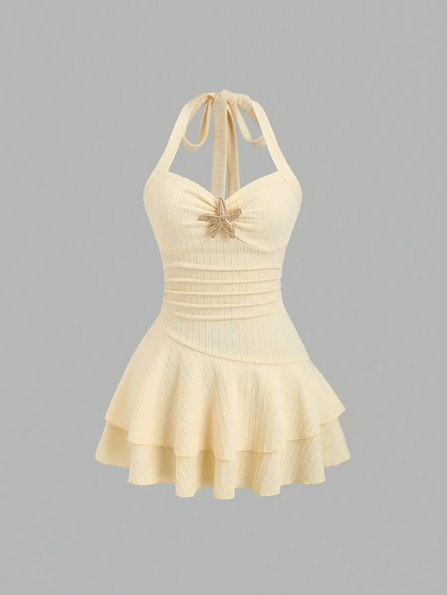 Sweetra Women Halter Tie Front Ruched Bust Ruffle Hem Mini Dress Elegant Beach Vacation Summer Dress