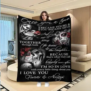 Gothic Skull Couple Flannel Blanket, Cozy Throw Blanket, Gothic Theme, Cultural Appeal, Background, Skeleton Print, Romantic Quote, Fine Flannel Material, Valentine's Day Gift
