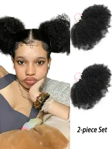 2PCS Curly Hair Messy Bun Fluffy Hairpiece African Style Curls with Elastic Headband Natural Black for Women Kids