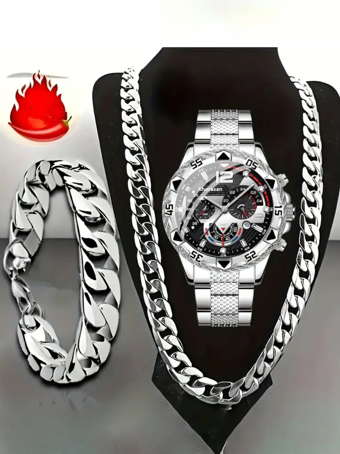 3pcs Men's Quartz Watch Accessories Set, Casual Round Face, Includes Cuban Necklace and Bracelet, Perfect Gift for All Seasons