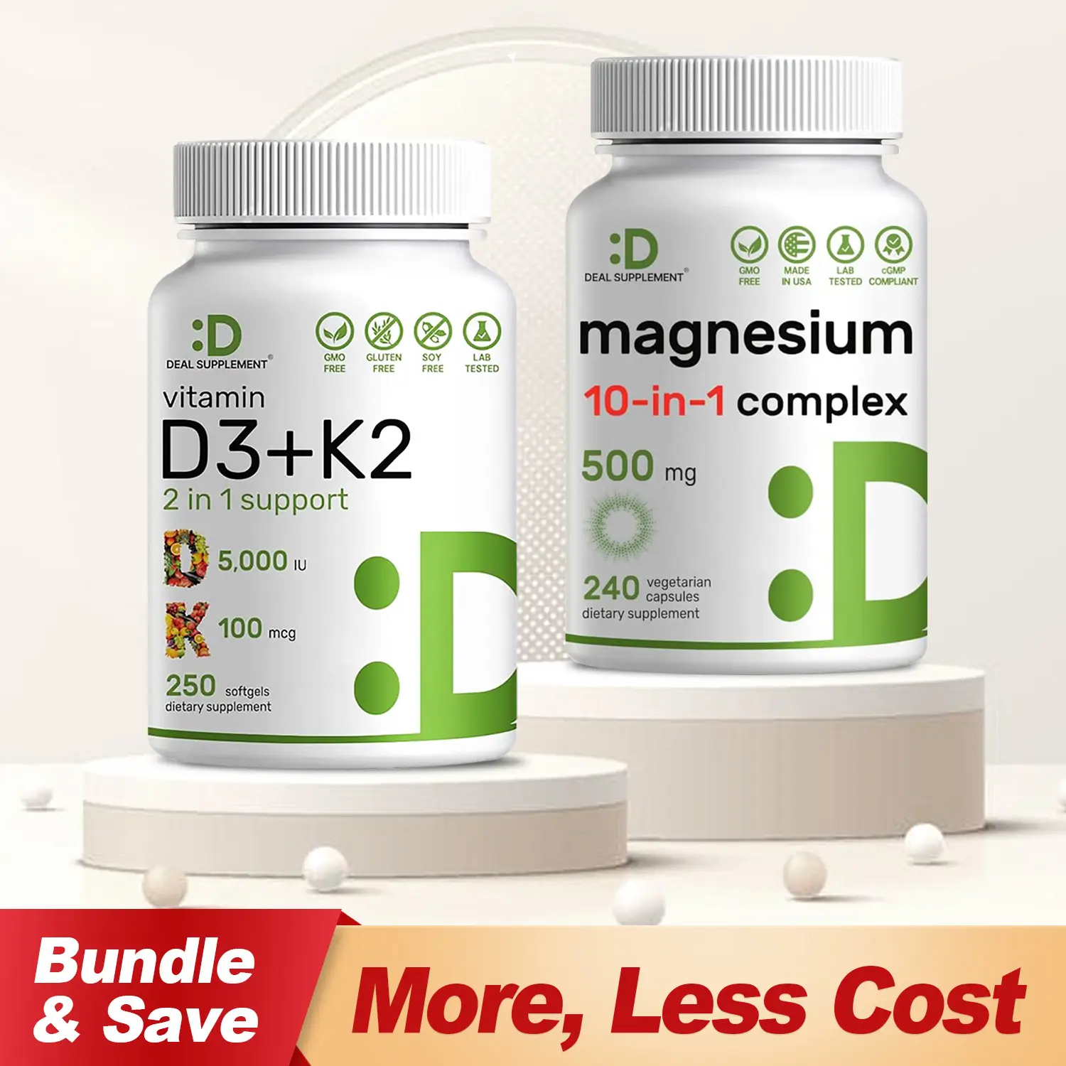DEAL SUPPLEMENT 10-in-1 Essential Magnesium Complex+Vitamin D3&K2 BUNDLE | Bones, Nerve Function, Sleep, Heart, Immune System, Brain, Relaxation White