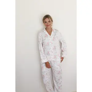 Aruna Satin Floral Pajamas - White Rose Satin Winterland Pajamas with Button-Down Top & Drawstring Pants - Soft Premium Fabric - All Seasons Loungewear