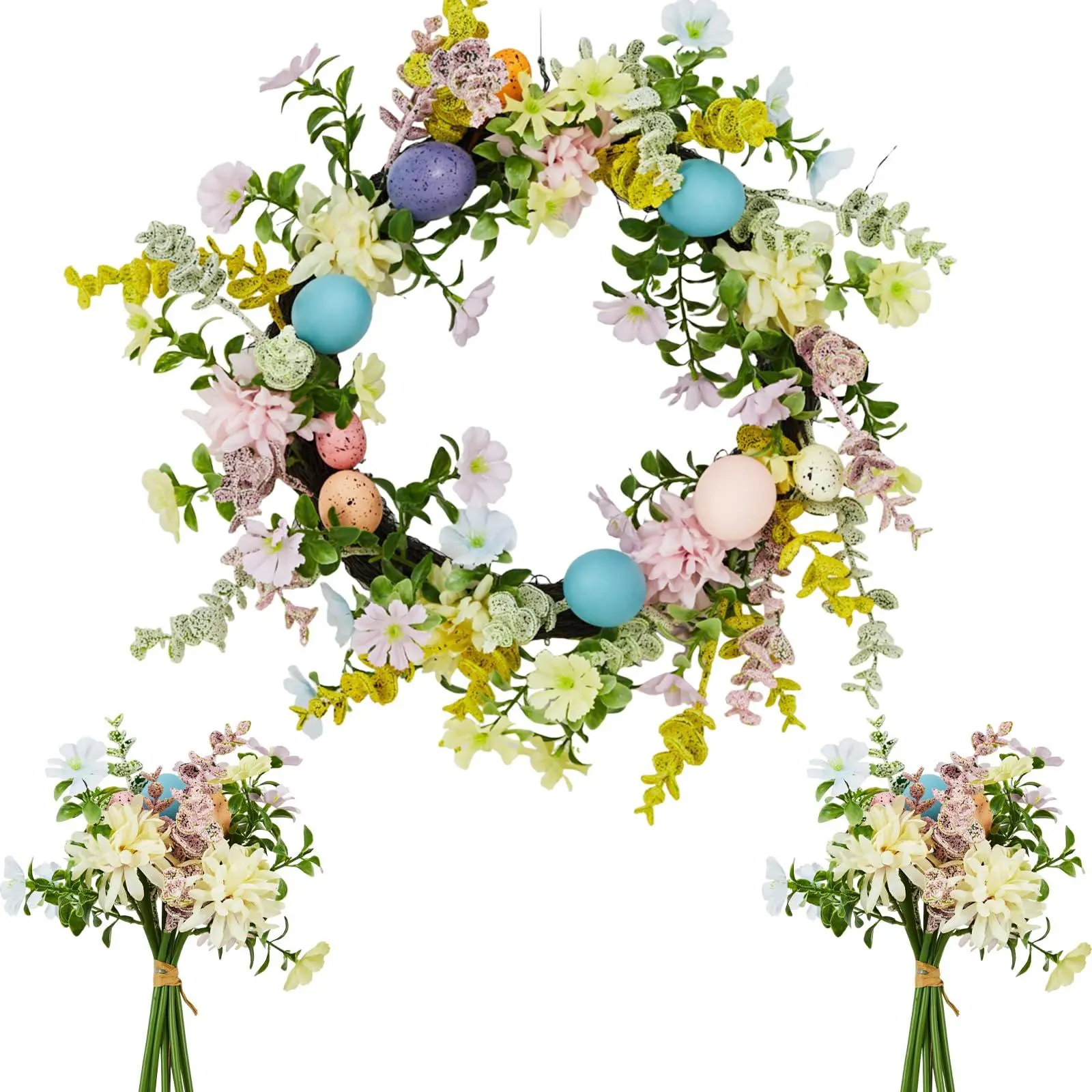 Garvee Handcrafted Round Wreath Set - 2 Matching Bouquets, Pastel Eggs, Spring Blossoms, Sturdy Natural Twig Base, Reusable Easter Decor, Hanging Flowers, Easy Clean Upkeep, Doorframe Ornament, Handmade Flower Ornaments, Decoration
