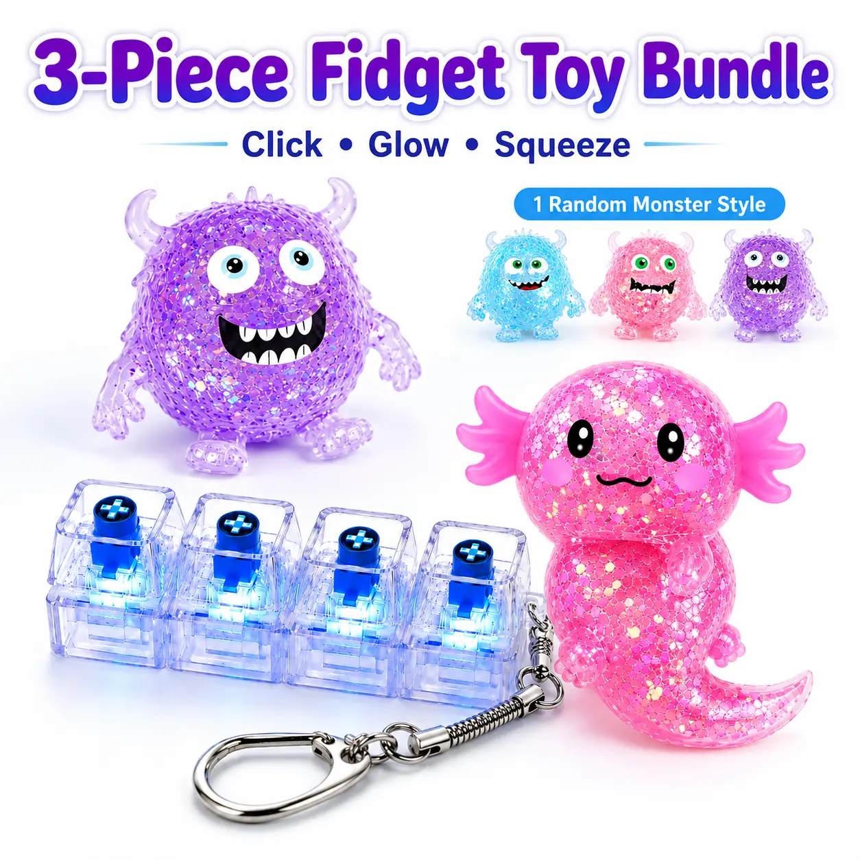 Stress Relief 3-Piece Fidget Toy Bundle - Light-Up Fidget Keyboard Clicker Keychain, Axolotl Glitter Squishy, Random Monster Squishy, Ages 6+
