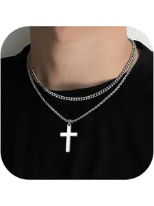 Cross Necklace for Men - Layered Cross Chain Stainless Steel Crucifix Pendant Gold Black Silver 16-24 Inch - Snake Rope Cuban Link - Gift Box Included