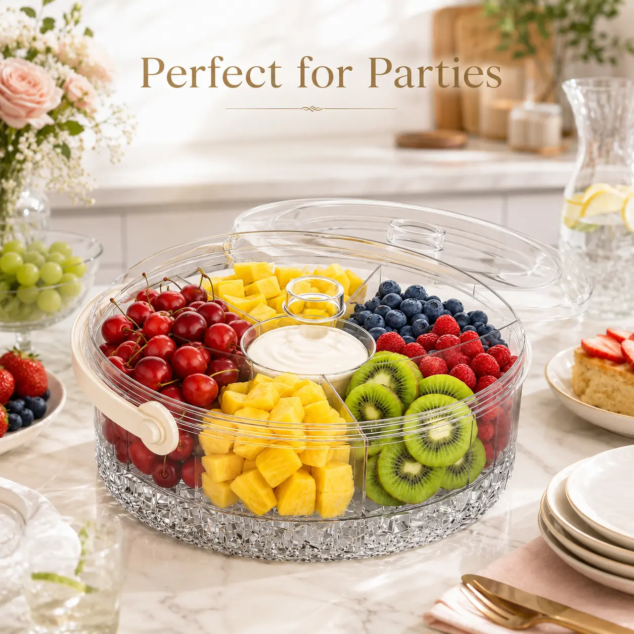5Grid Compartment Fruit Tray with Sealed Lid & Handheld Handle, Clear Leakproof Divided Snack Container, Portable Food Storage Platter for Picnic Beach Camping Home Party Serving Nuts Fruits Snacks